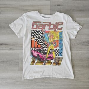 Barbie Shirts Womens Medium White Nascar Racing Car Graphic Print Short Sleeve